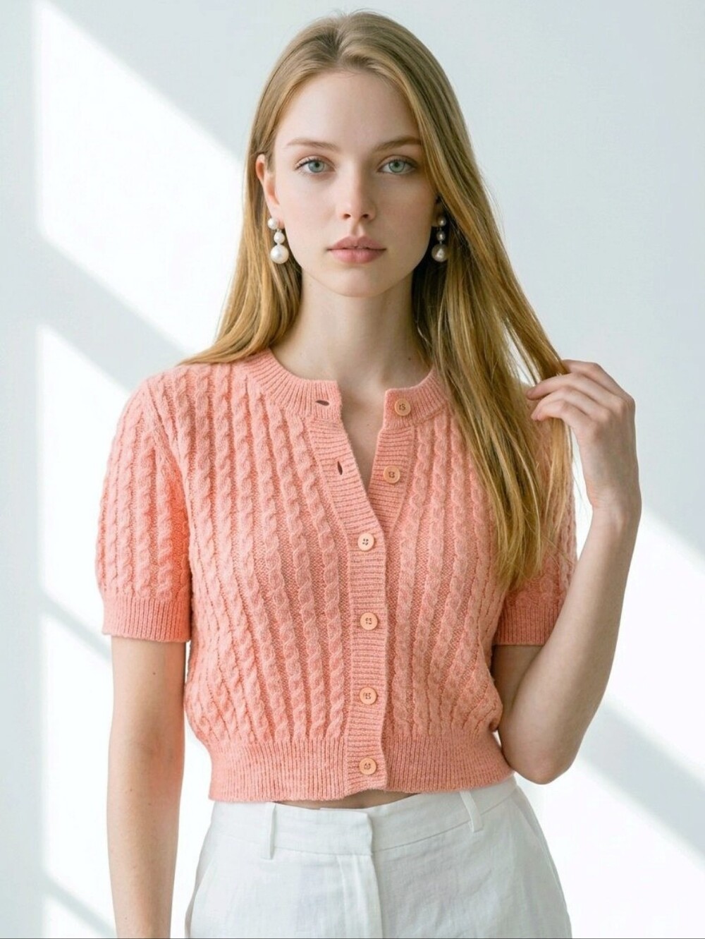 Twik by Simons Pink Mini-Cable Cropped Cardigan